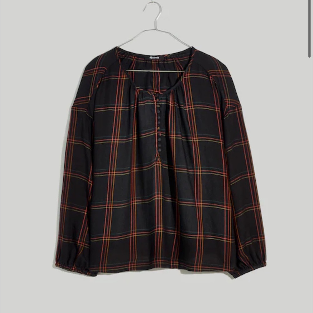 Madewell Shirred Peasant Top Blouse‎ Plaid Windowpane Festive S Black Red Green